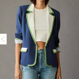 New Anthropologie Sz XS Maeve Colorblock Blazer Blue White Green